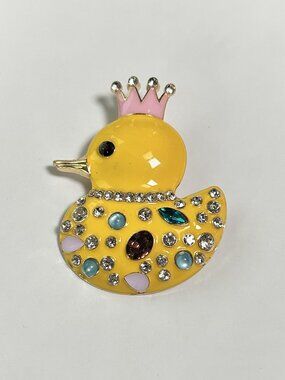 Gold Tone Enamel Rubber Duck Princess Crown Rhinestone Brooch Pin